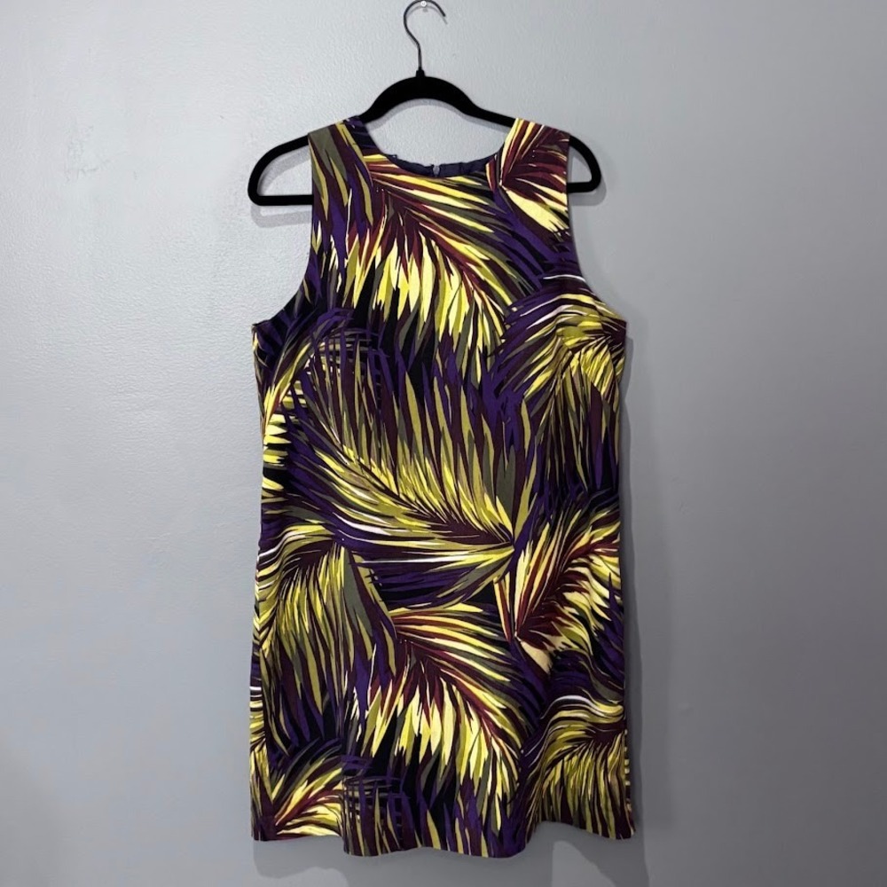 New Directions Dress Wmn 16 Purple Linen Rayon Tropical‎ Palm Leaf Shift Coastal